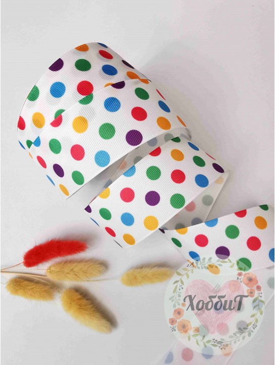 Лента репсовая с рисунком "Цветной горох" 4см. (белый)